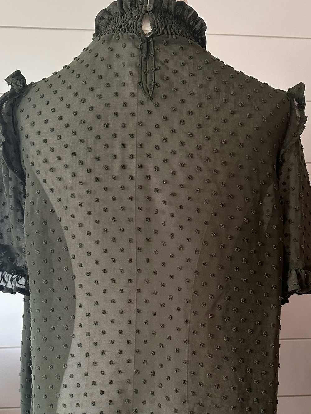 Ruffled Collar Olive Green Swiss Dot Blouse - Picture 6 of 6